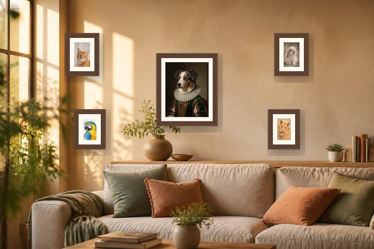 Living-room gallery wall featuring framed PetMona pet portraits