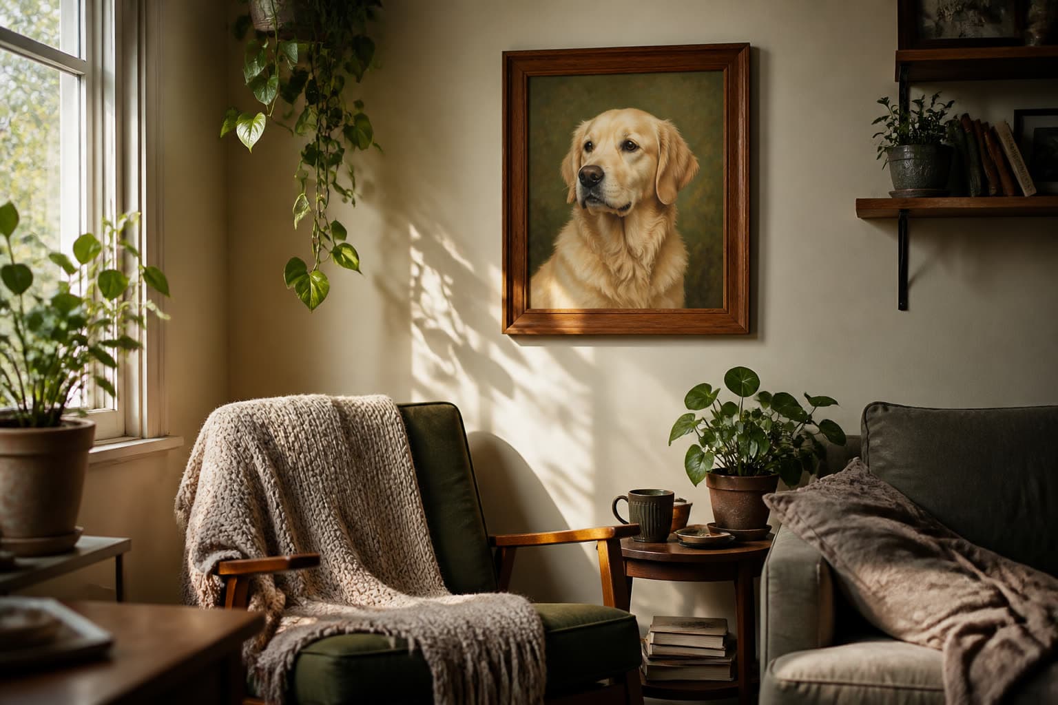 Framed pet portrait hanging in a living room