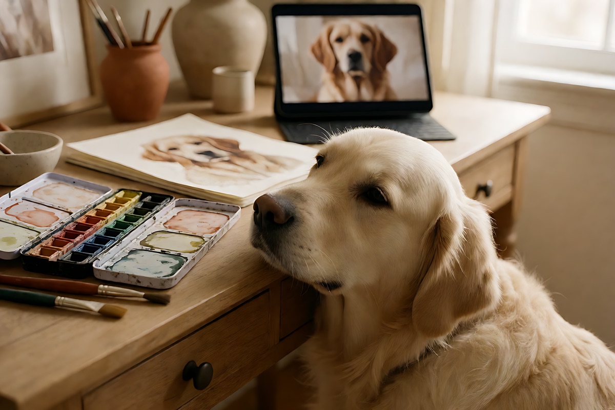 Eine Aquarellpalette mit Pinsel auf der einen Seite eines Schreibtischs und ein Tablet mit einem Haustierporträt auf der anderen, daneben ruht ein Golden Retriever