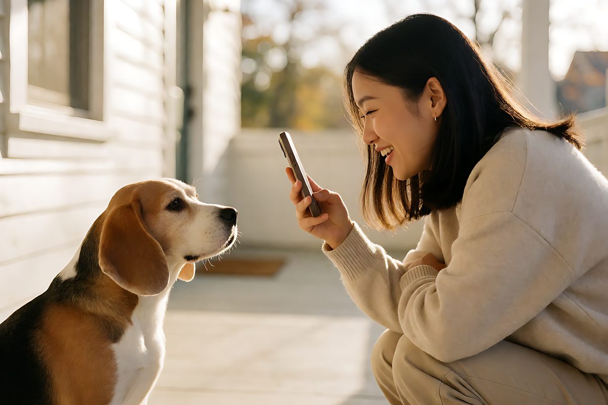 Una persona fotografa un cane tranquillo all'altezza degli occhi con luce naturale