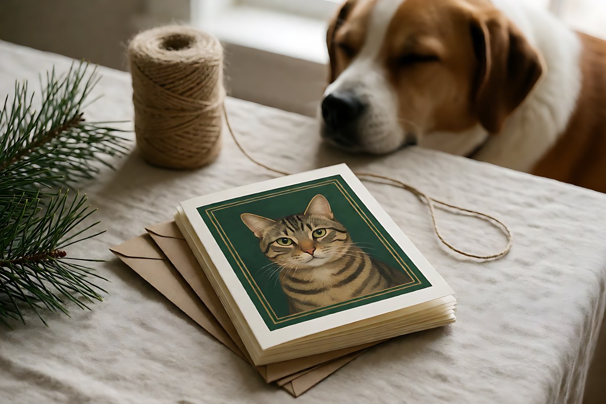 Una pila di biglietti d’auguri su lino; quello in cima mostra il ritratto dipinto di un gatto tigrato con bordo verde scuro e oro, accanto a buste kraft e un rametto di pino