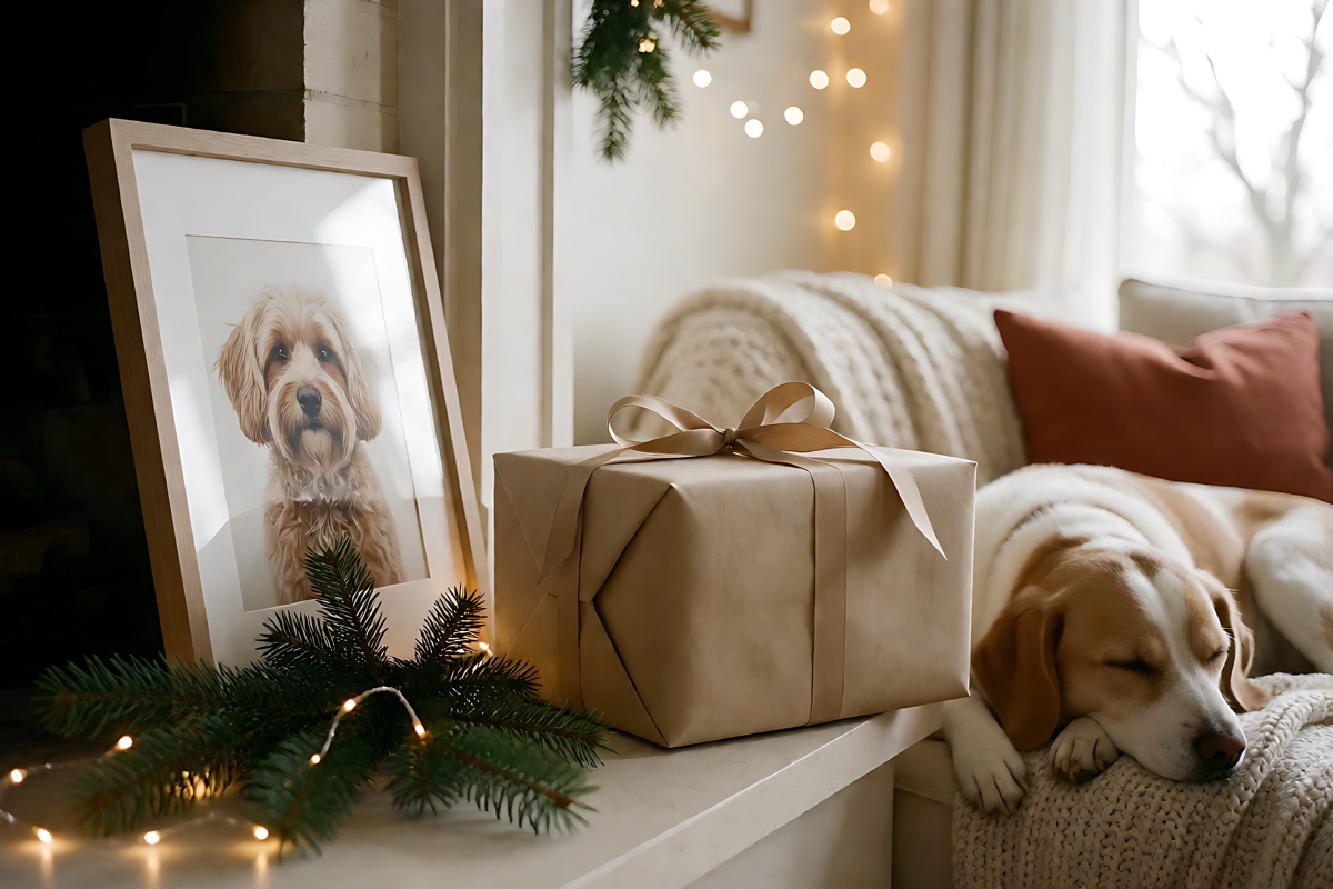 A wrapped Christmas gift and a framed pet portrait on a mantel with pine branches and a sleeping dog