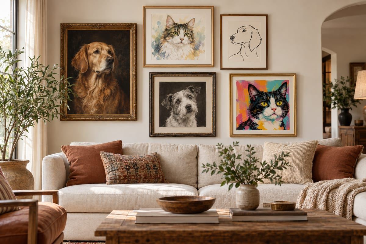 Several framed pet portrait styles hanging on an editorial living-room wall, from classical oil to modern pop art, soft daylight, no text