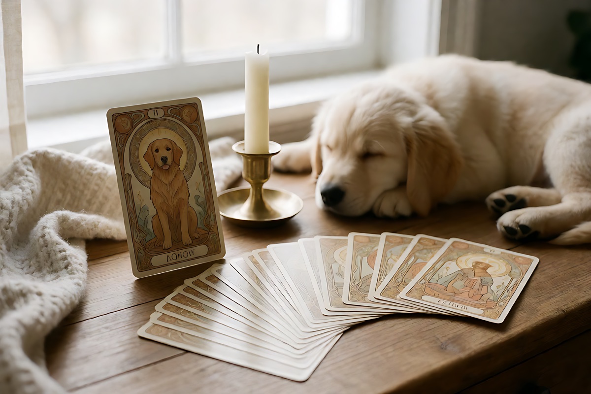 Ein Fächer von Tarotkarten im Jugendstil mit einem Golden Retriever auf einem Holzschreibtisch neben einer Kerze und einem schlafenden Welpen