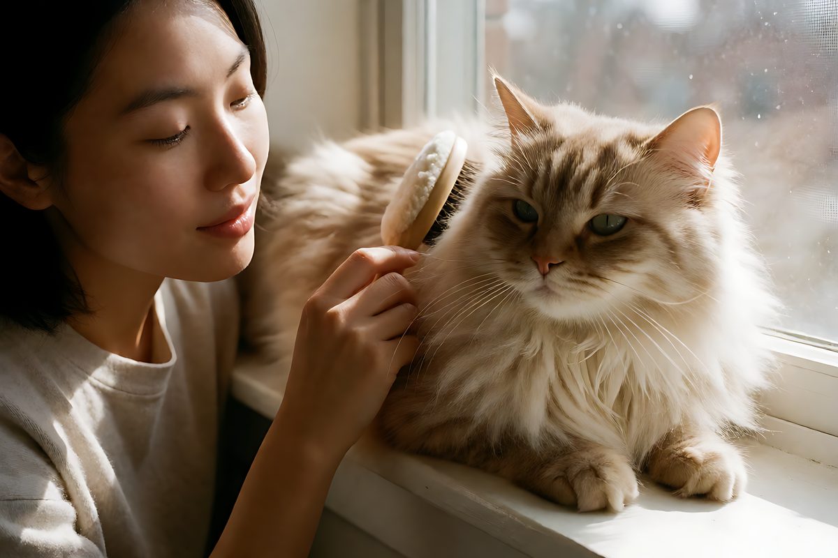 Un chat à poils longs calme, brossé doucement dans la lumière naturelle d'une fenêtre