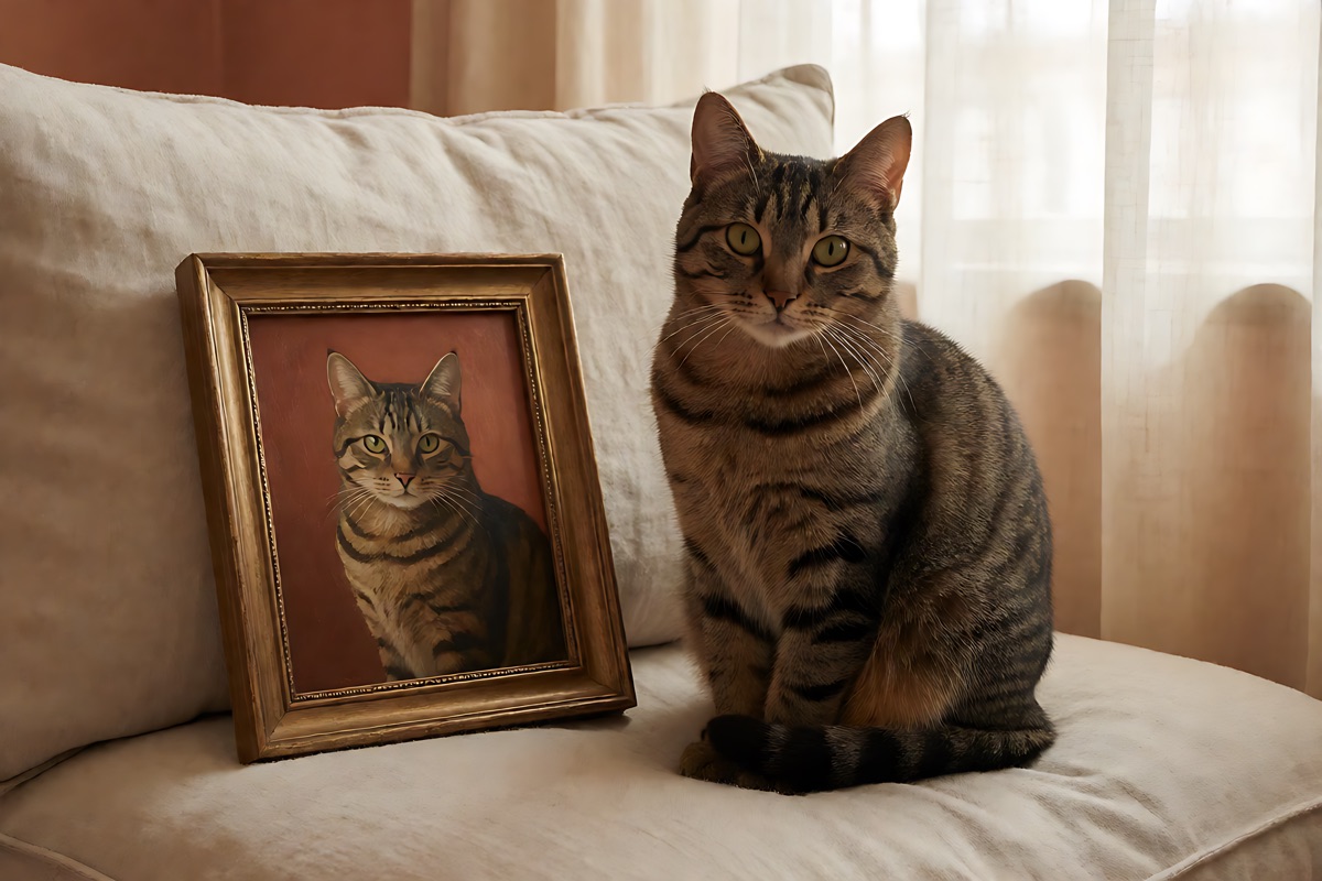 A tabby cat on a linen cushion beside a small painted portrait of the same cat, ready to be compared