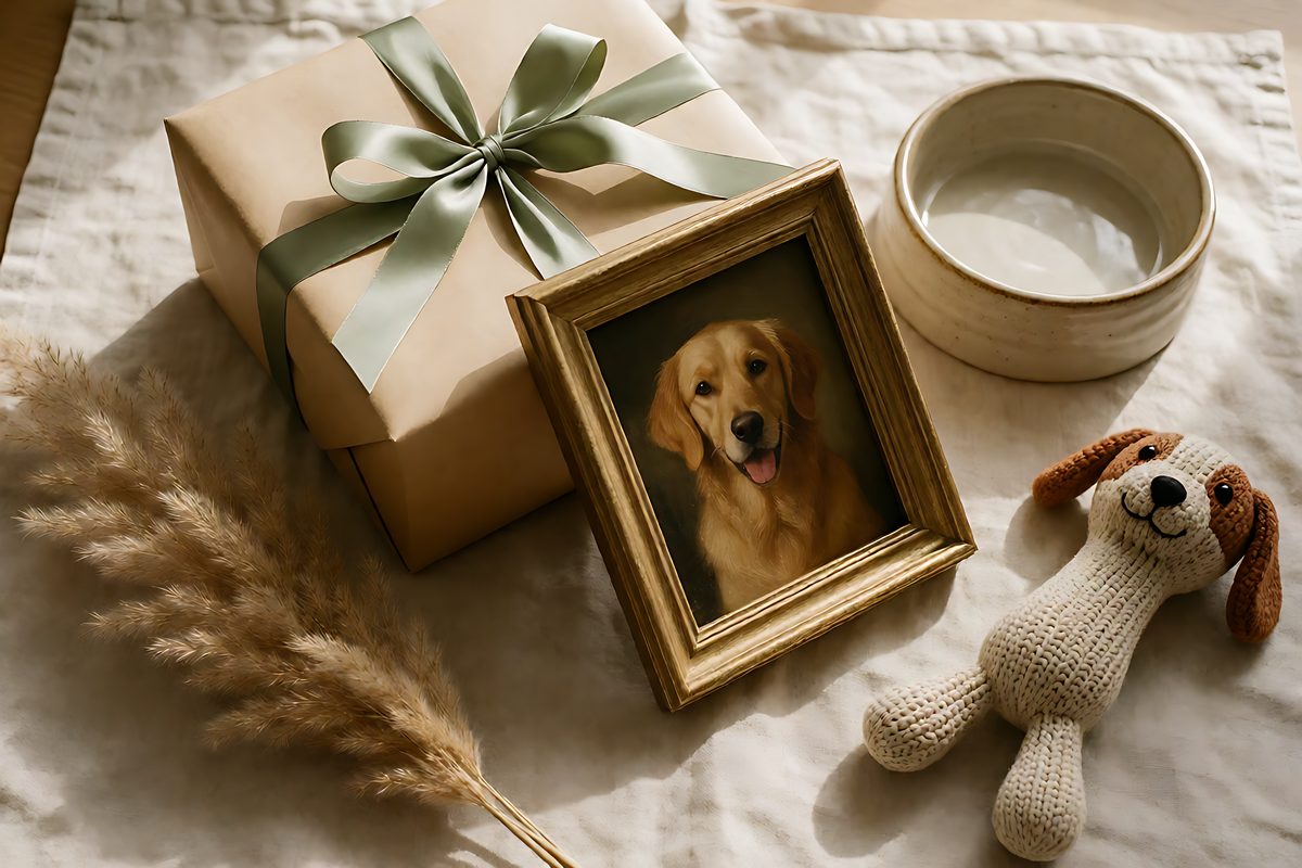 Scatola regalo incartata accanto a un piccolo accessorio per animali su un tessuto di lino