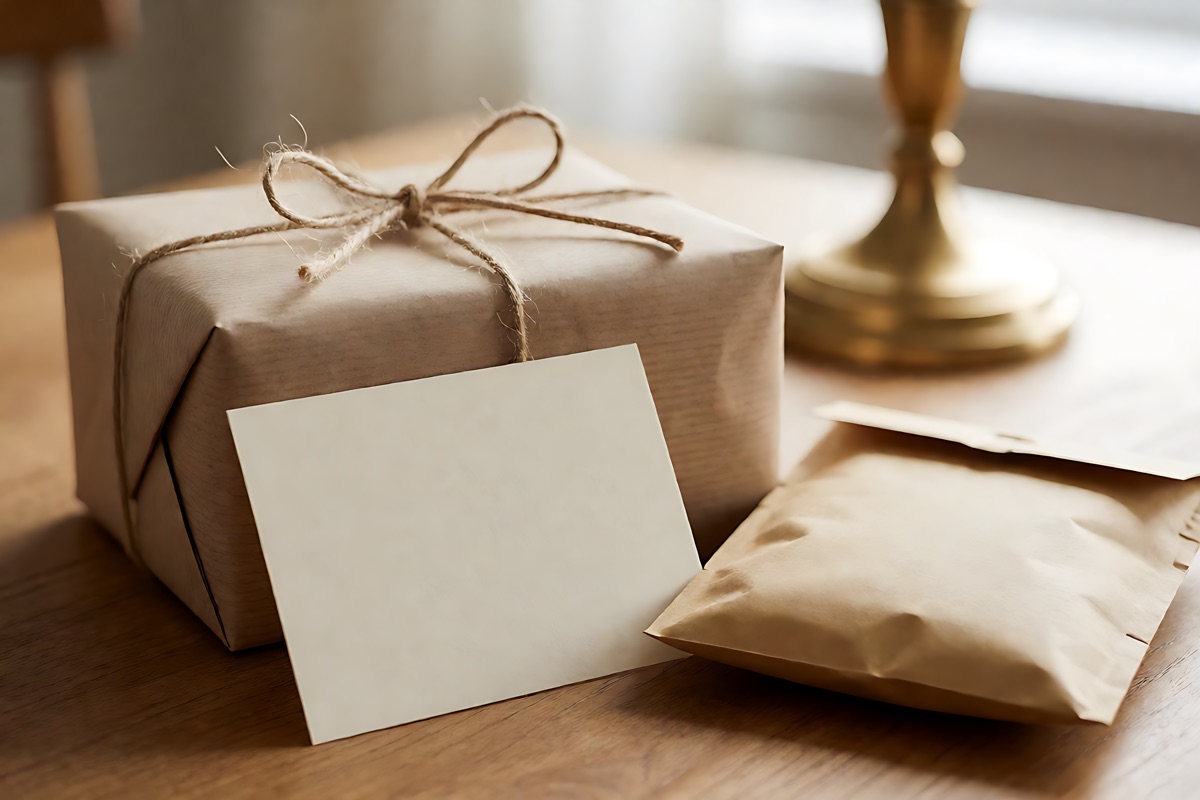 A wrapped flat gift, a blank card and a small shipping mailer on a warm table with a dog in the soft-focus background