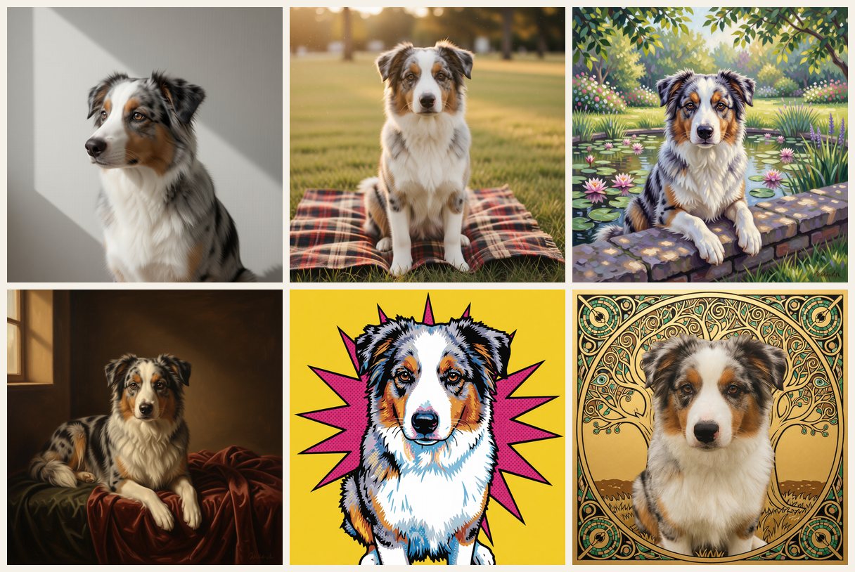 Six portraits of the same Australian shepherd in different styles and settings: Nordic minimal, vintage film, Monet garden, Golden Age oil, pop art and gilded ornament