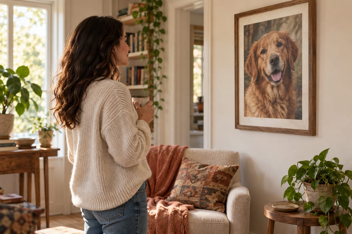 Uma pessoa parando para contemplar um retrato de pet emoldurado na parede de uma sala acolhedora e habitada, com luz natural suave, sem texto