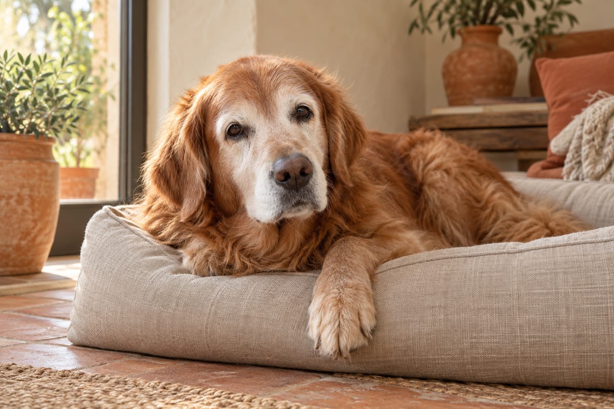 A gray-muzzled senior dog resting in warm soft window light, calm and wise, editorial photography, no text