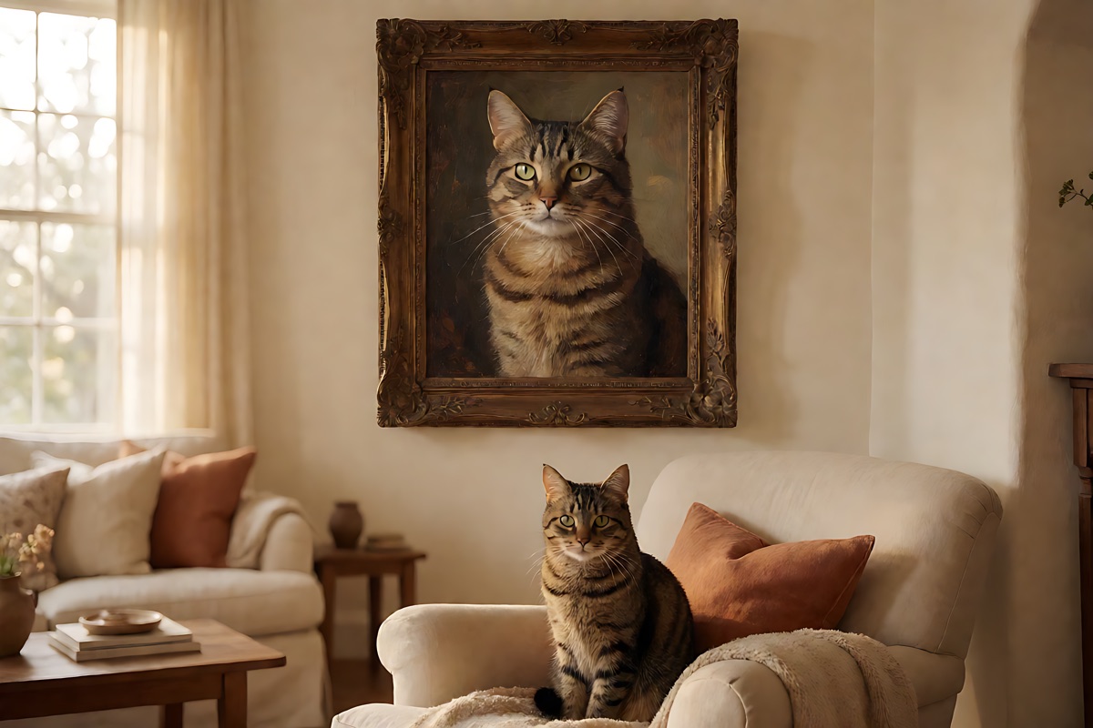A tabby cat painted as a Renaissance oil portrait in a dark gold frame above an armchair on a warm cream wall