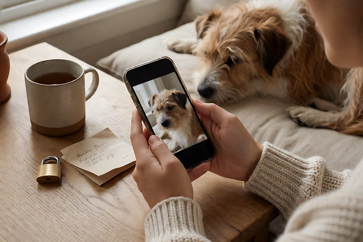 Hands holding a phone showing a photo of a scruffy terrier over a wooden desk, a small brass padlock and a folded note beside a mug of tea