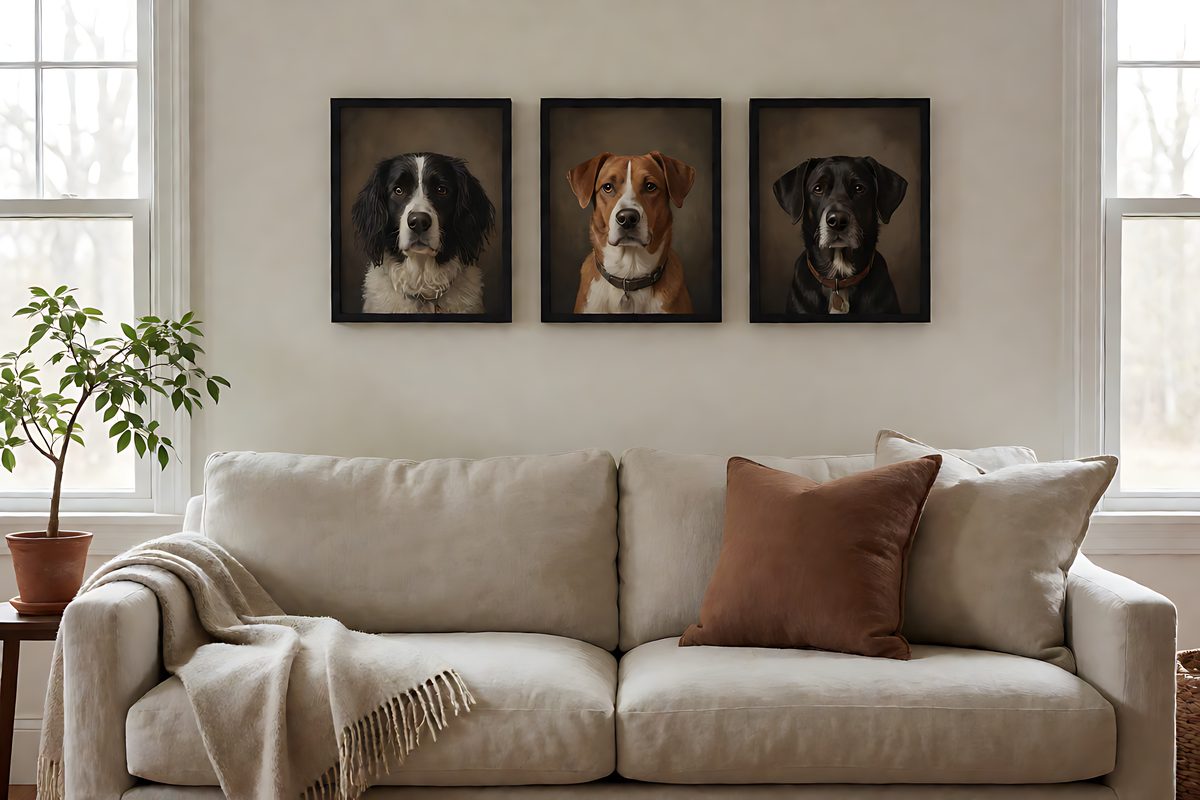 Three matching framed dog portraits hung evenly above a linen sofa