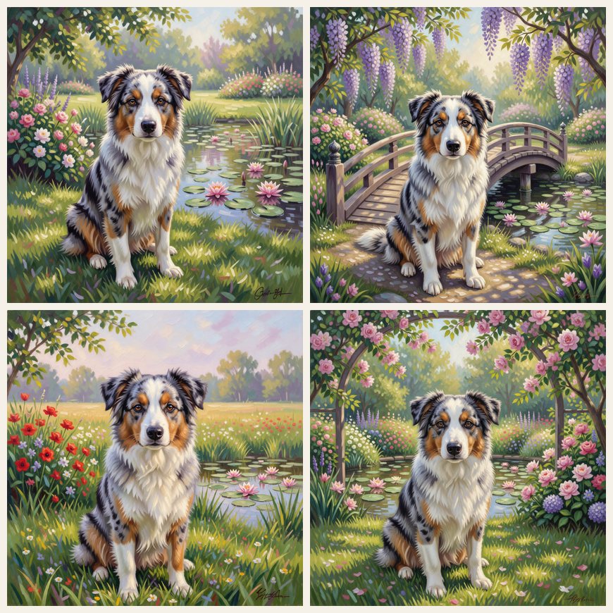 An Australian shepherd painted in an Impressionist garden style in four different settings: a lily pond, a wisteria bridge, a poppy meadow and a rose arbor