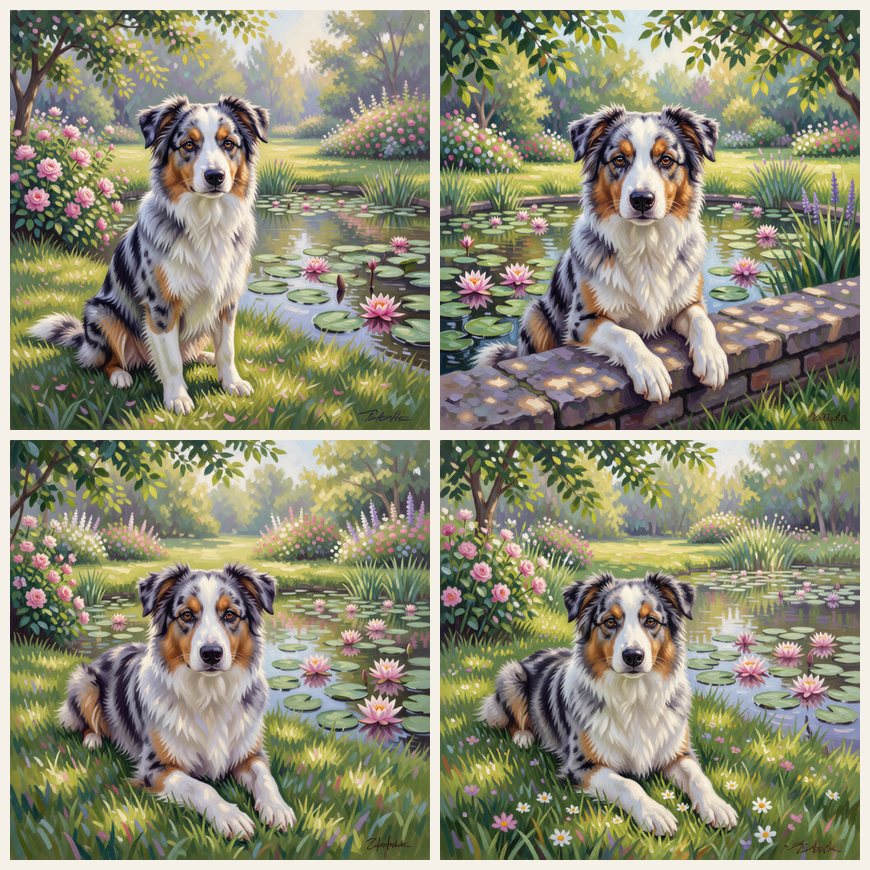 The same dog in an Impressionist garden: standing in profile, leaning over a stone wall, resting its head on its paws and lying among flowers