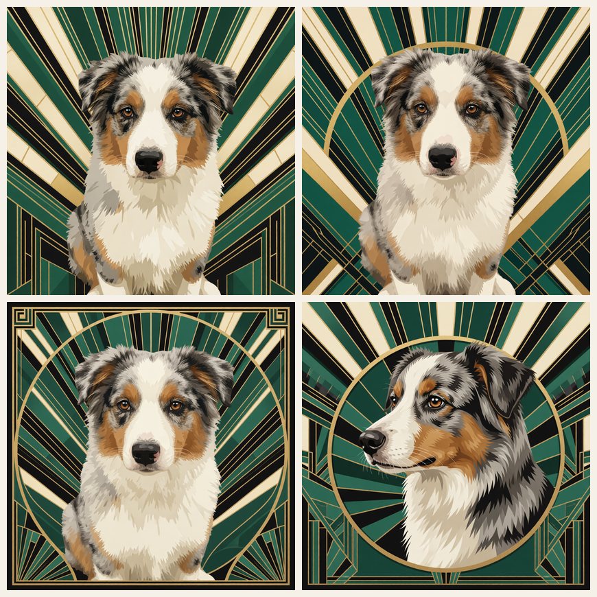 An Art Deco dog portrait with four backgrounds: gold sunburst, chevron lacquer, geometric peacock and a medallion profile