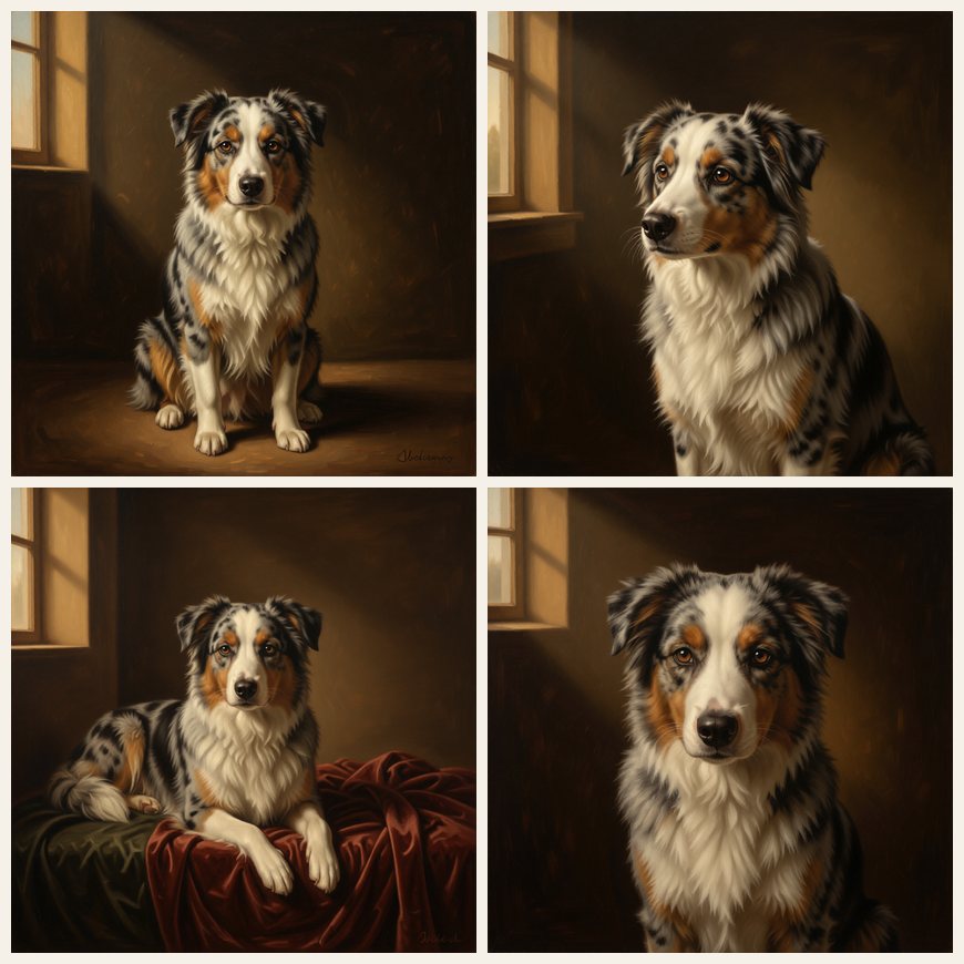 The same dog in a dark-ground oil portrait: seated upright, in true side profile, lying on a velvet cushion and with the head lowered