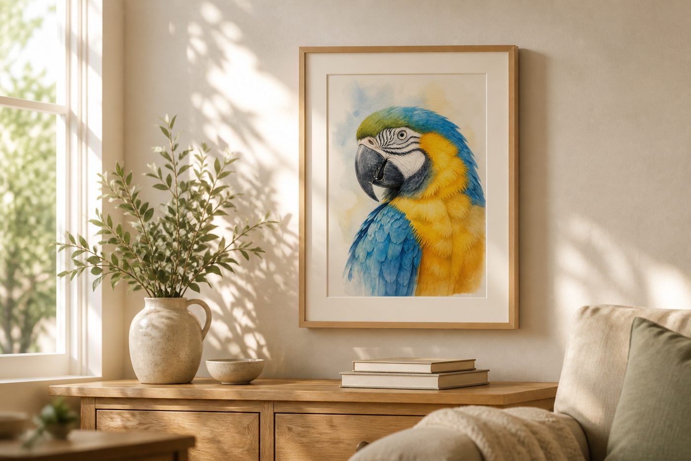Watercolor parrot portrait hanging in a living room