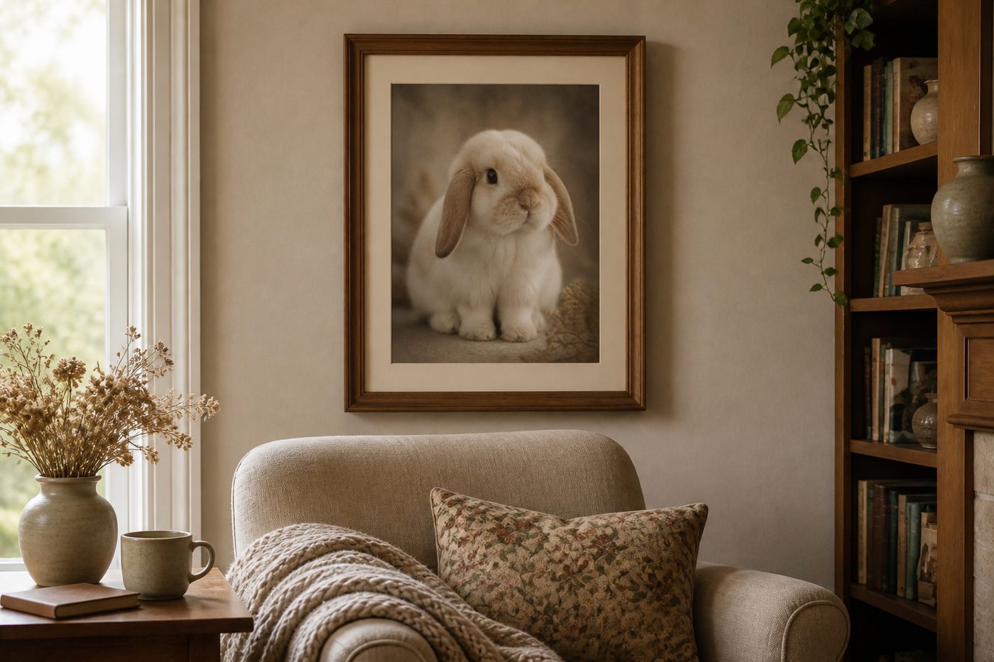 Vintage-film rabbit portrait hanging in a living room