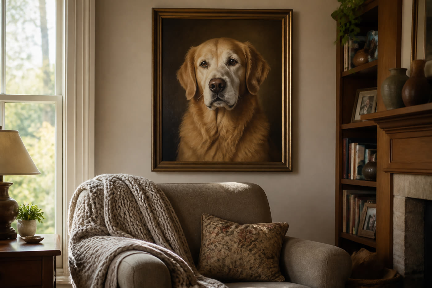 Framed oil portrait of Maple, a senior golden retriever with a grey muzzle