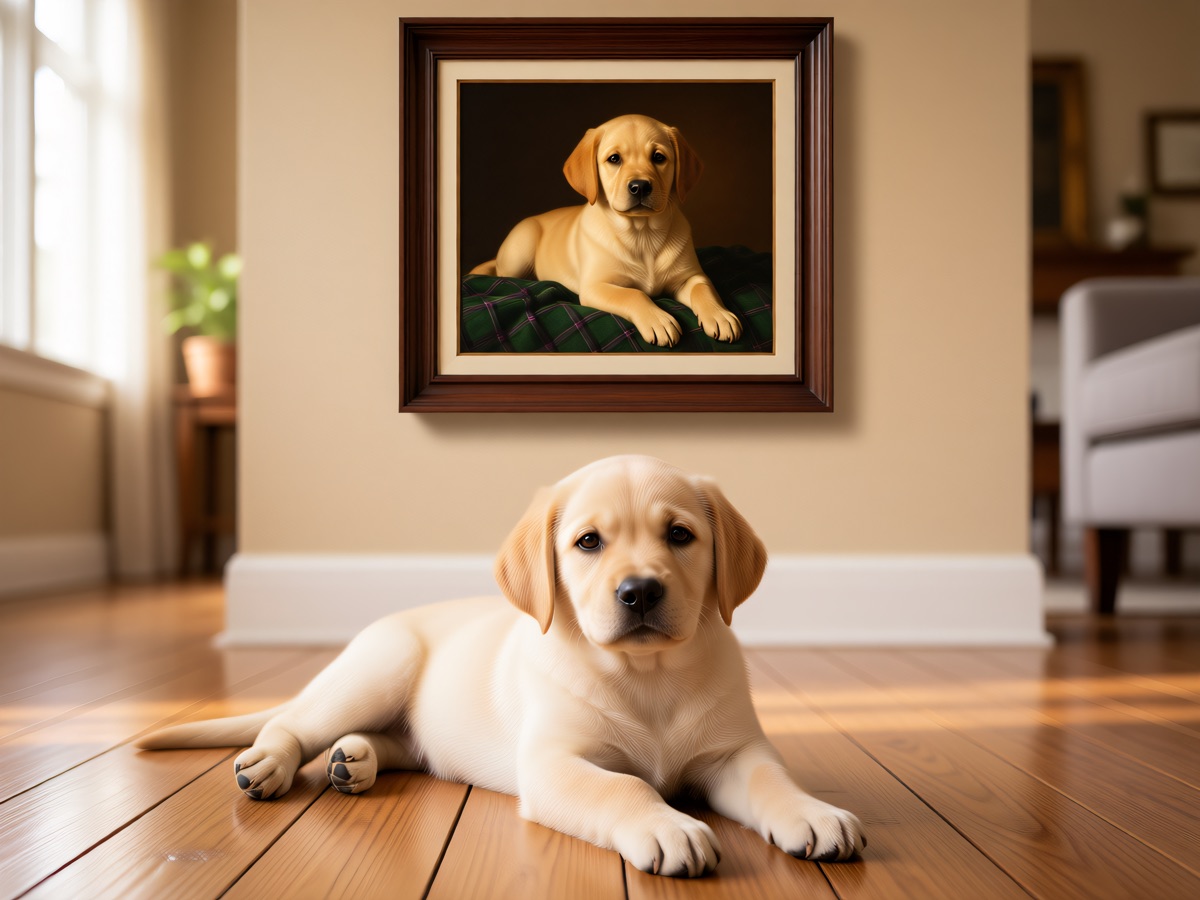 The same yellow Labrador puppy sitting beneath its framed Renaissance Oil portrait, showing how closely the painting matches the real dog
