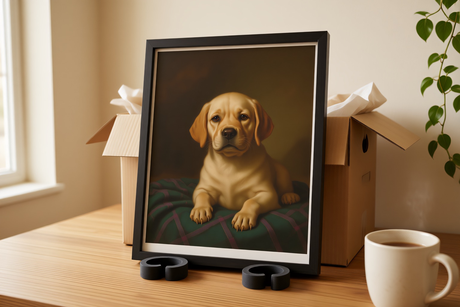 A framed pet portrait just unwrapped from its shipping box on a kitchen table
