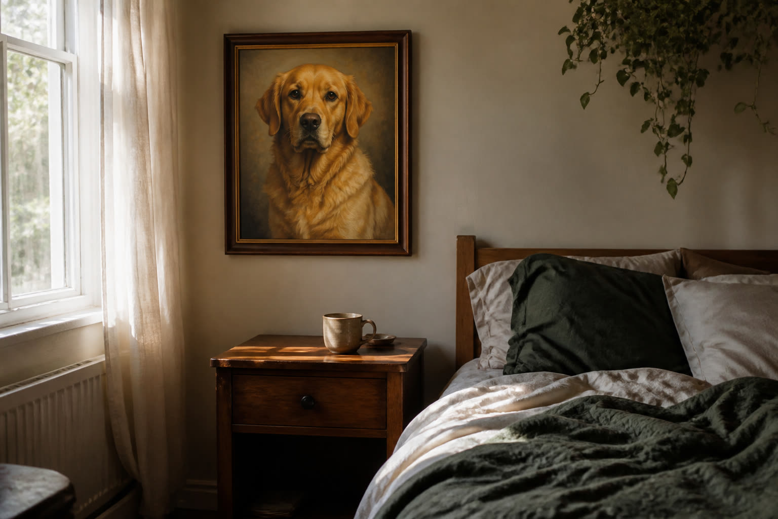 Framed pet portrait hanging above a bedside table in morning light