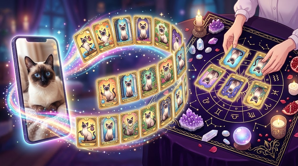 A pet photo turning into a deck of tarot cards starring the pet, laid out on a reading table