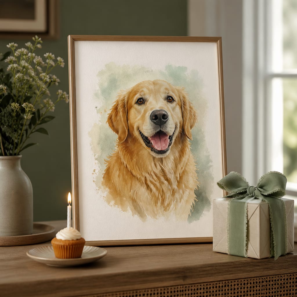 Framed PetMona pet portrait styled as a birthday gift on a sideboard