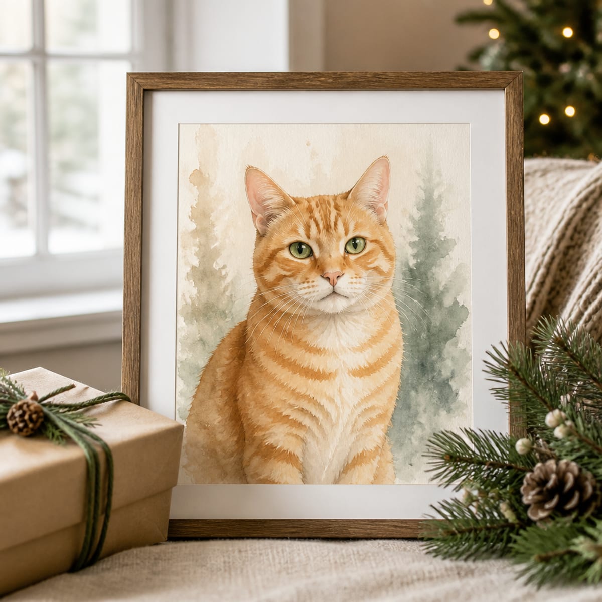 Framed PetMona pet portrait styled as a Christmas keepsake gift