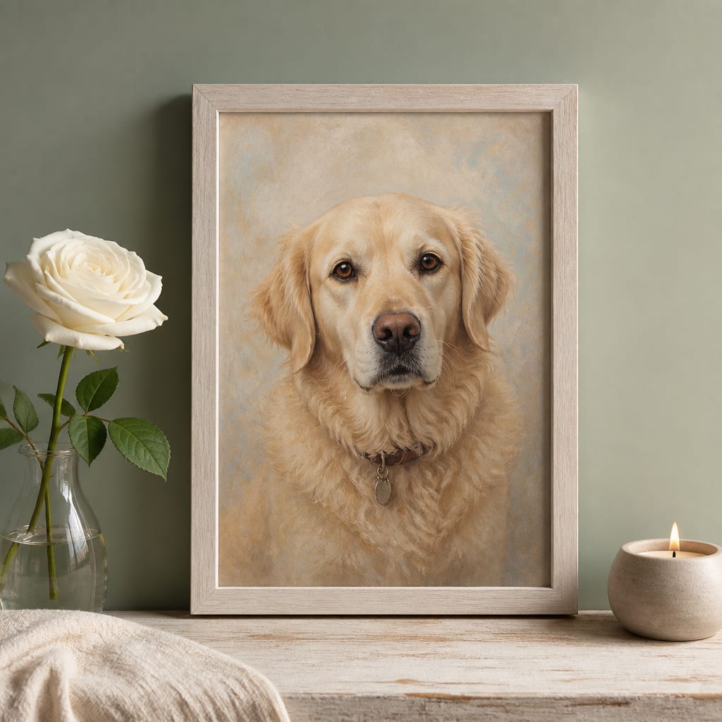 Quiet framed PetMona memorial pet portrait on a shelf with a white flower