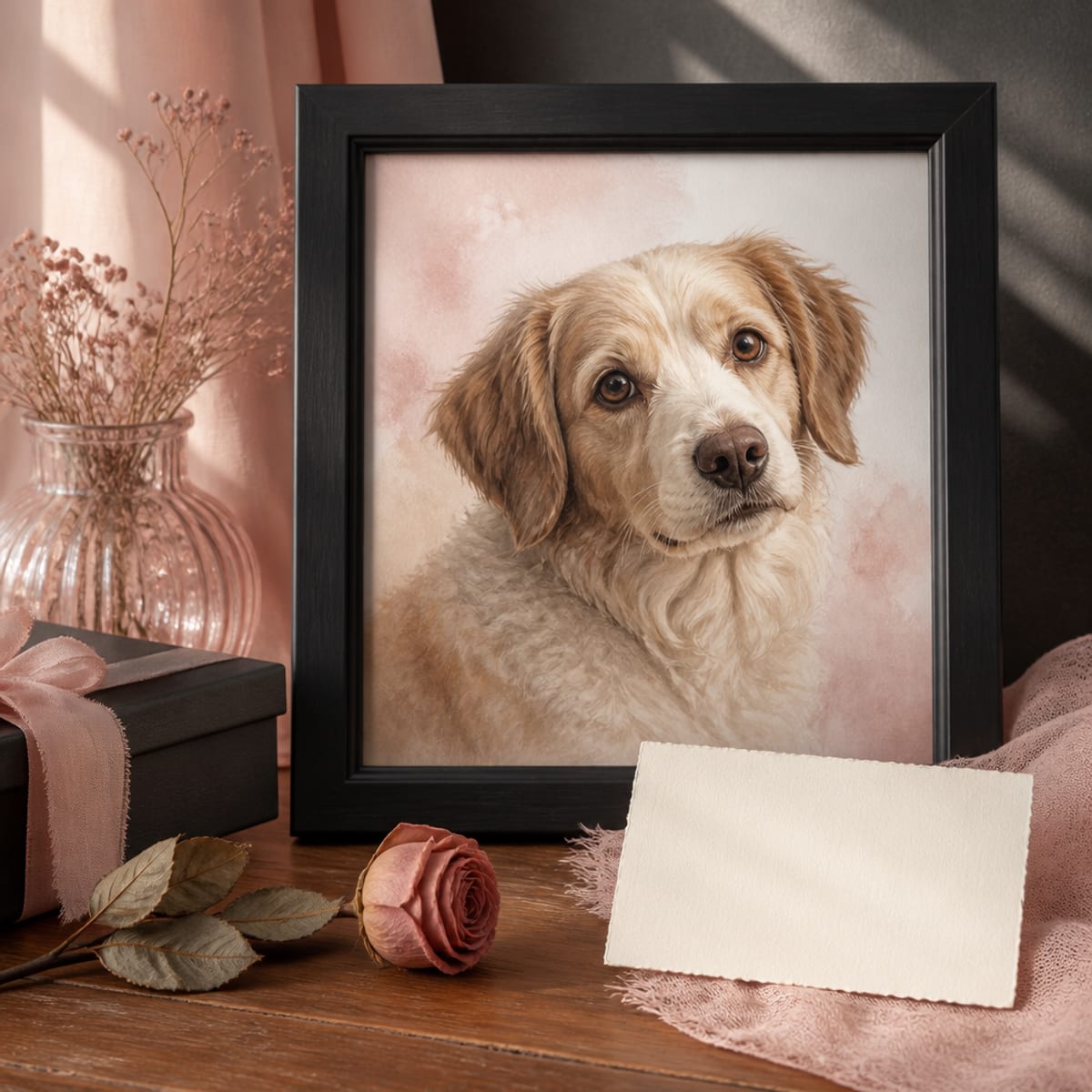 Framed PetMona pet portrait styled as a Valentine’s Day gift