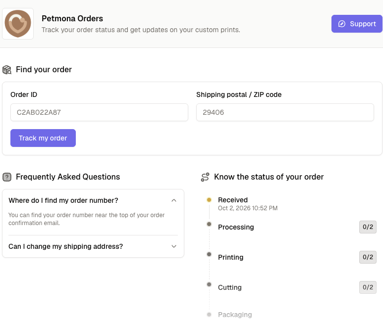The order tracker: Received, Processing, Printing, Cutting and Packaging, step by step.