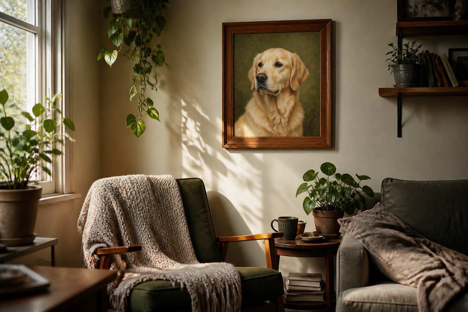 Framed pet portrait hanging in a living room