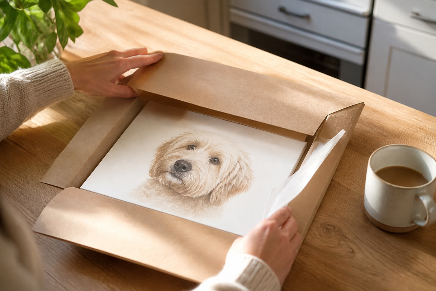 Hands opening a kraft mailer to reveal a fine-art pet portrait print
